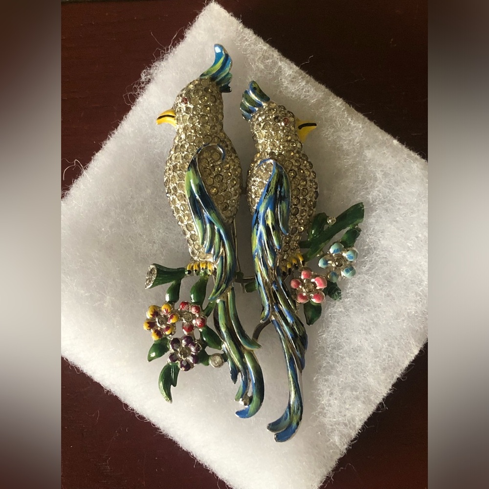 Vintage 1940’s Coro Duette Rhinestone and Enamel Cockatiel Birds Pin